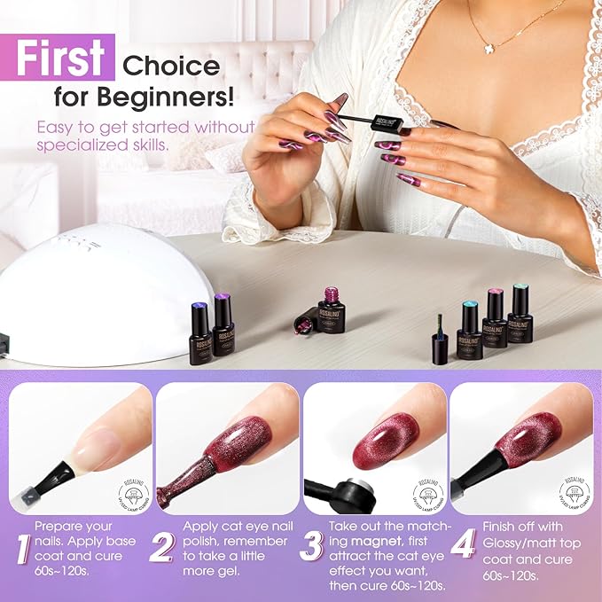 ROSALIND Cat Eye Gel Nail Polish with Magnet, 12 PCS Holographic Glitter Purple Blue Red Gel Polish Magnetic and Swirl Shell Thread Effect Sparkle Nail Polish Christmas Cateye Gifts for Women