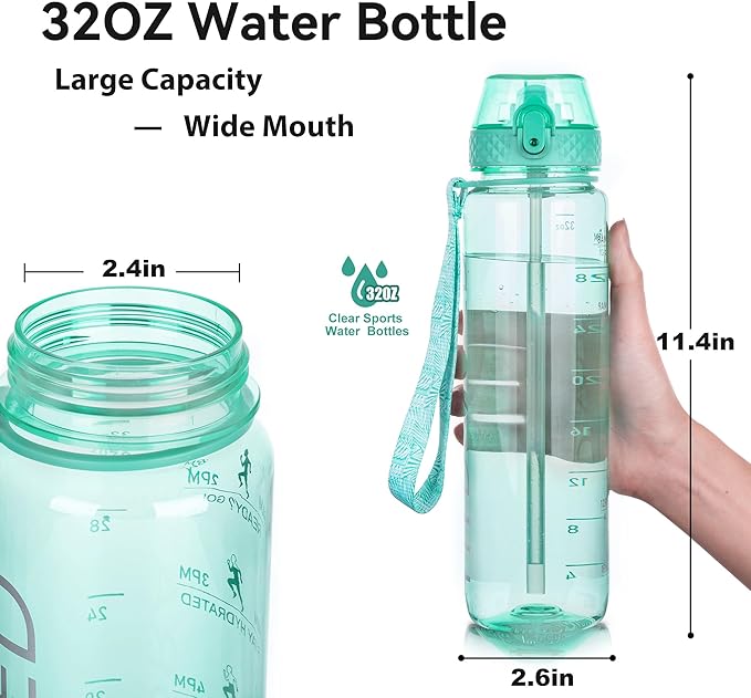 GOPPUS Clear Water Bottle With Straw 32oz Clear Sports Water Bottles Motivational with Time Marker Tritan BPA Free Clea Plastic Water Bottle Wide Mouth for Gym Travel Home School Office