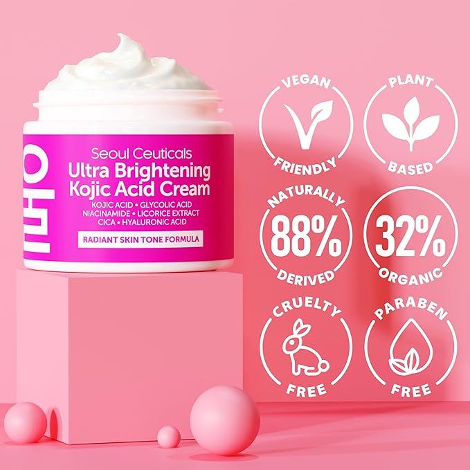 SeoulCeuticals Korean Kojic Acid Cream Dark Spot Remover + Glycolic Acid + Niacinamide + Cica + HA Moisturizer - Cruelty Free K Beauty Skincare 2oz