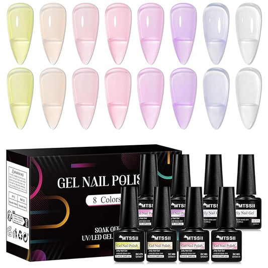 MTSSII Purple Grape Jelly Gel Nail Polish Set, 8 Transparent Colors Sheer Pastel Pink Violet Lavender Yellow Nail Polish Soak Off U v LED Gel Nail Kit Diy Nail Art Manicure at Home Gift for Women