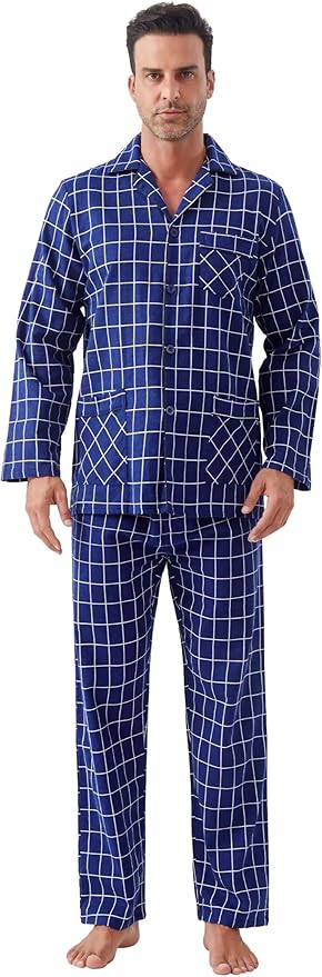 GLOBAL Men's Pajamas Sets 100% Cotton Flannel Sleepwear Long-Sleeve top & Bottom