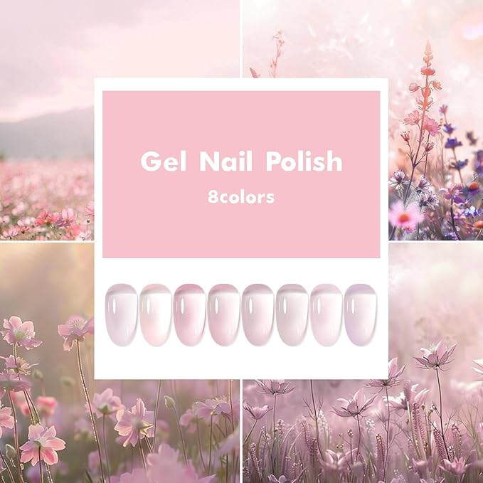 MTSSII Sheer Gel Nail Polish Set Jelly UV Gel 8 Colors Translucent Milky White Pink Nude Purple Colors Nail Polish For All Seasons Neutral Soak off LED Lamp Gel Manicure Kit for Nail Art