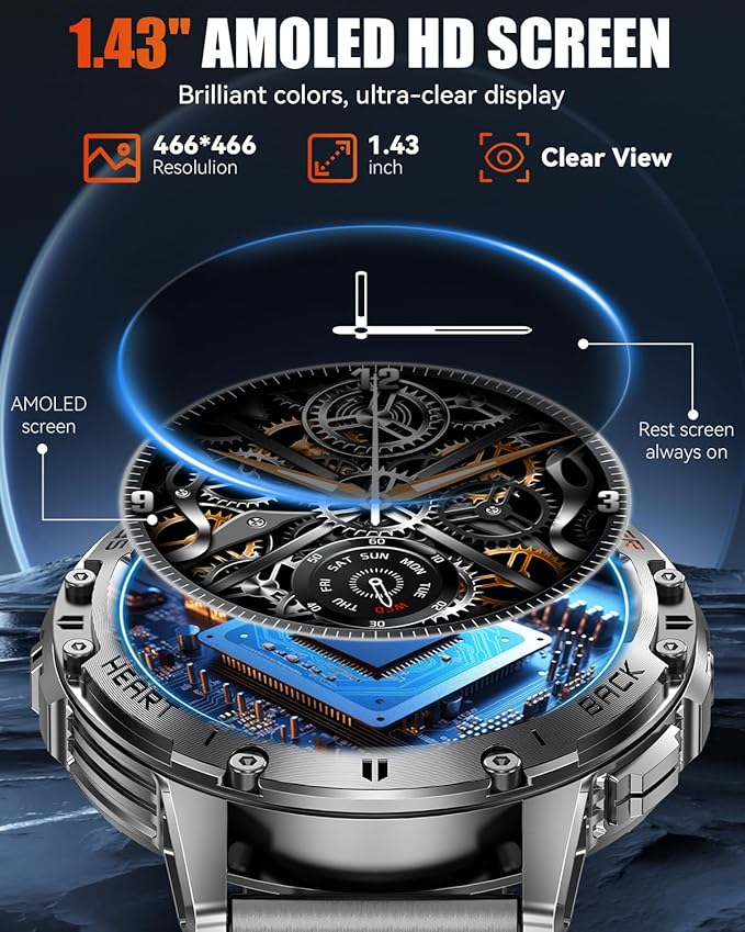 Military Smart Watches for Men with Bluetooth Call, 1.43" AMOLED Waterproof Smartwatch with Flashlight, 111 Sport Modes, 530mAh Heart Rate/SpO2/Sleep Monitor Fitness Tracker for Android iOS