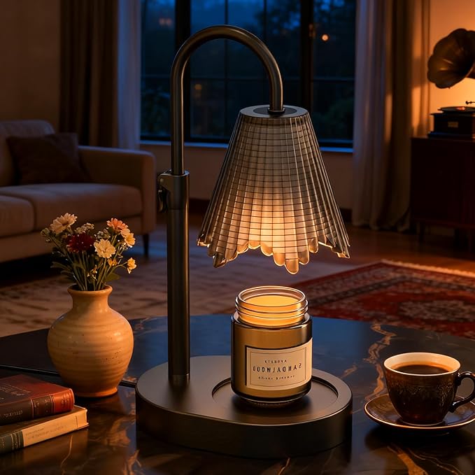 Candle Warmer Lamp with Adjustable Height - Flameless 4-Level Dimmable Wax Warmer with Colorful Glass Shade & Wooden Base, Timer Function & Stylish Design in Multiple Colors(Black 2)