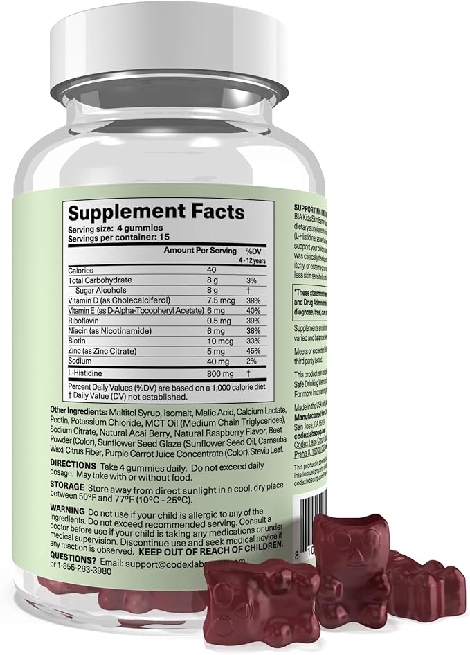 Codex Labs Kids Skin Barrier Support Gummies - Mixed Berry Flavor L-Histidine with Vitamins & Zinc - 60 Gummies for Sensitive or Eczema-Prone Skin - Non-GMO Vegan Supplement