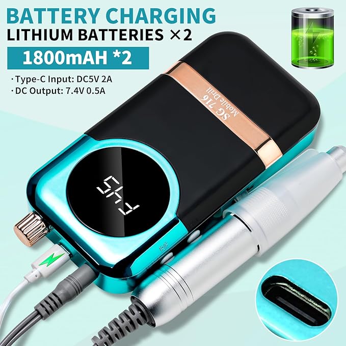 LIMEGIRL Professional Electric Nail Drill Kit 45000RPM Portable Cordless Toenail Cordless Toenail Machine with 14 Drill Bits and Base for Women (Green)