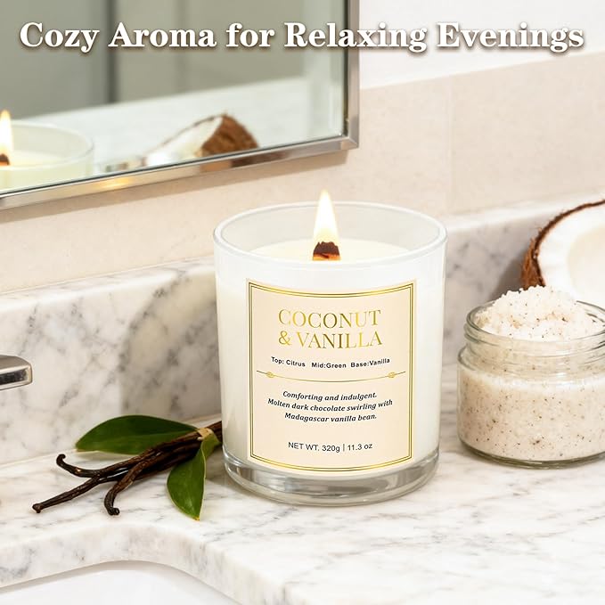 2 Pack Wood Wick Coconut & Vanilla Candle Gift Set – Long Lasting Soy Wax Candles with Gift Boxes, Holiday Aromatherapy Candles for Home Decor & Christmas Gifts