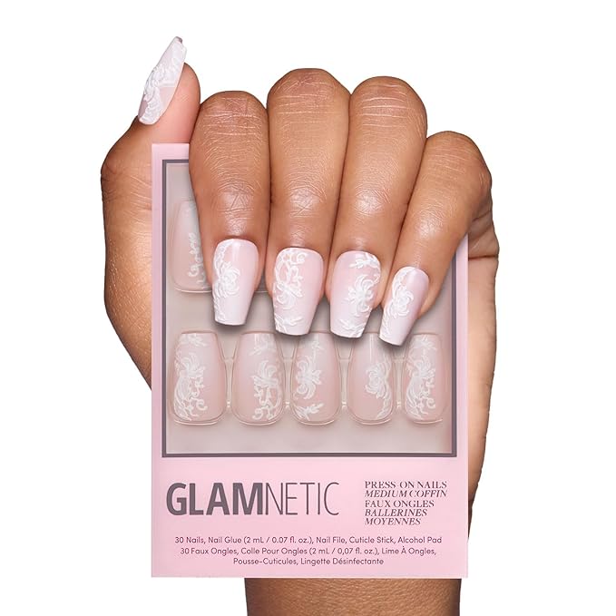 Glamnetic Press On Nails - Lace Blush | Glossy, Matte, Opaque, Medium Coffin Nails, with Lace Detailing, Salon Quality | 15 Sizes - 30 Nail Kit with Glue