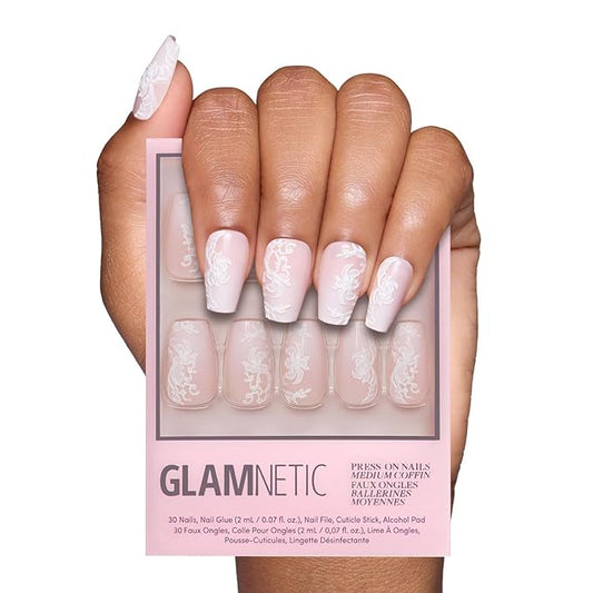 Glamnetic Press On Nails - Lace Blush | Glossy, Matte, Opaque, Medium Coffin Nails, with Lace Detailing, Salon Quality | 15 Sizes - 30 Nail Kit with Glue