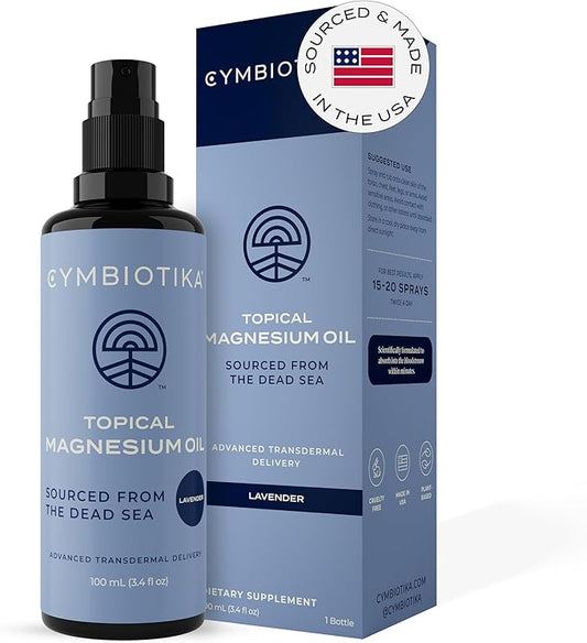 CYMBIOTIKA Topical Magnesium Oil Spray for Body, USA Made, Supplement for Leg Cramps, Muscle, Joint Health & Sleep Support, Includes Magnesium Chloride, Lavender Extract, Aloe Vera - Skin Applicator