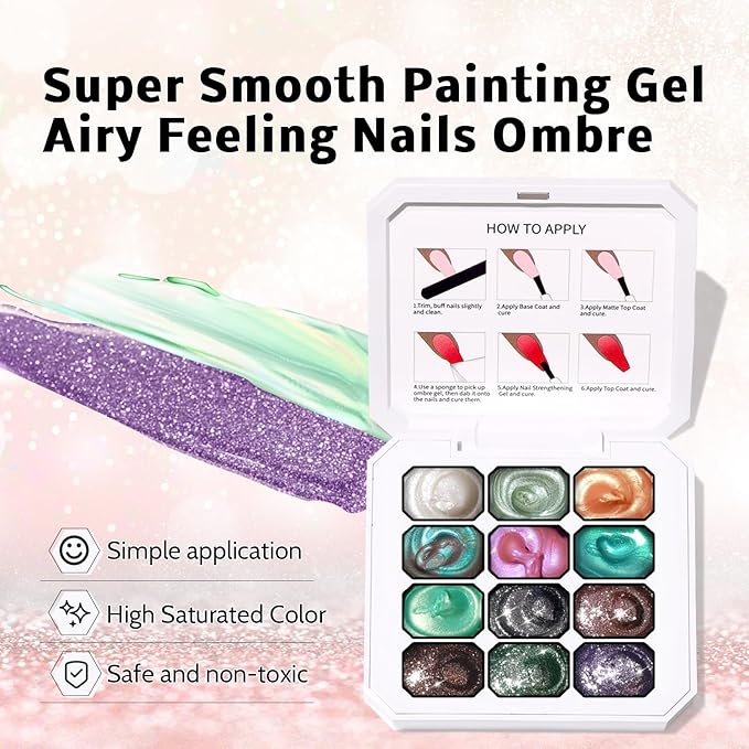 Christmas Pearl Gel Nail Polish, 12 Colors Glitter Ombre Gel Polish Palette Pat Paint Aurora Mermaid Gold Silver Green Pink Sparkle Reflective Holographic Nails Art, No Wipe, UV/LED Curing (Palette B)