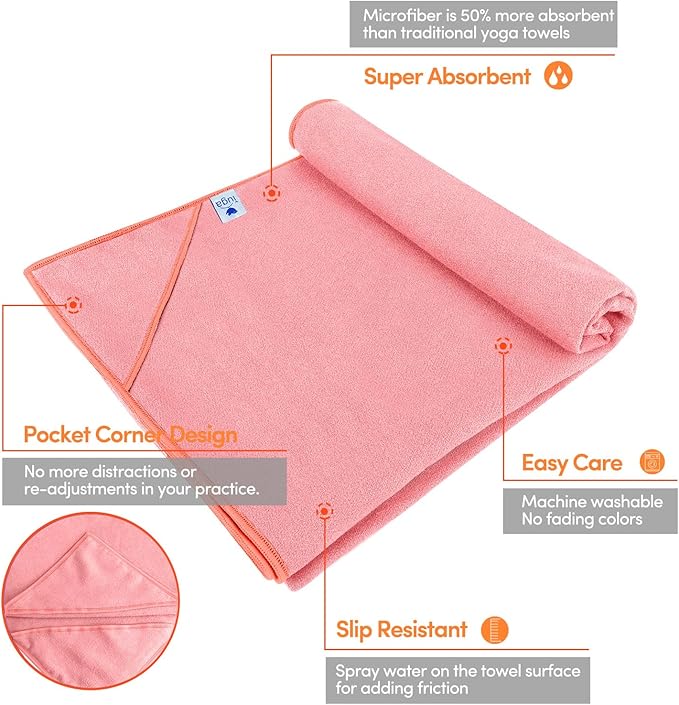 IUGA Yoga Towel for Hot Yoga Non Slip Extra Thick Yoga Mat Towel + Hand Towel 2in1 Set with Corner Pockets Super Absorbent and Quick Dry Hot Yoga Towel