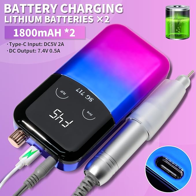 LIMEGIRL Professional Electric Nail File Drill Bits Kit 45000RPM for Acrylic Toenail Machine Clippers with 14 Drill Bit Gradient Blue Portable Rechargeable Cordless