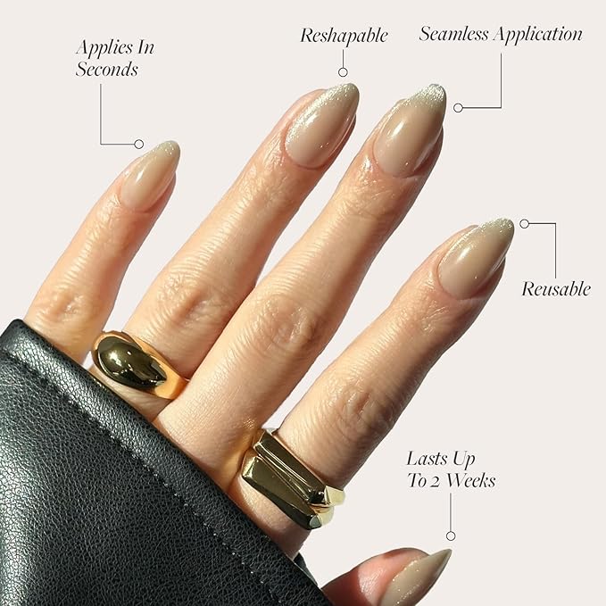 Glamnetic Press On Nails - Honey Bun | Trendy Neutral Nude Velvet Sparkly Short Almond Fake Nails, Salon Quality | 15 Sizes - 30 Nail Kit