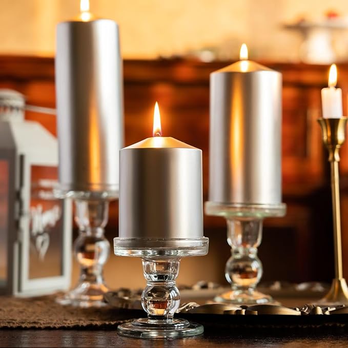 MOZEAL 3" x 8" Hand-Poured Unscented Candles,Large Silver Pillar Candles Set of 2,No Drip,Approx 120 Hours Long Burning,Wedding,Dinner,Christmas and Home Decor（3 Inch Diameter 8 Inch Height）