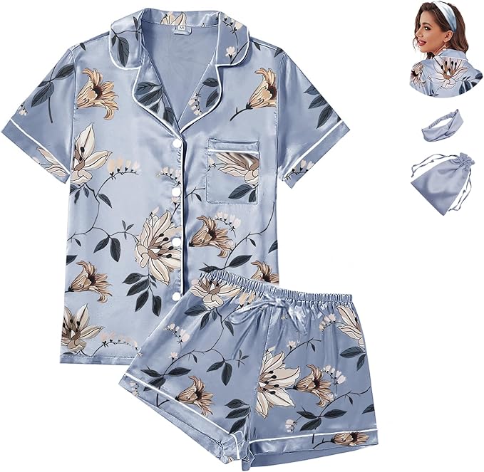 4Pcs Womens Satin Silky Pajama Sets Short Sleeve Shirt XS-4XL Floral Pajamas Set Soft PJ Loungewear Sleepwear