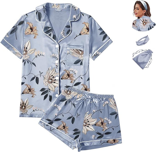 4Pcs Womens Satin Silky Pajama Sets Short Sleeve Shirt XS-4XL Floral Pajamas Set Soft PJ Loungewear Sleepwear