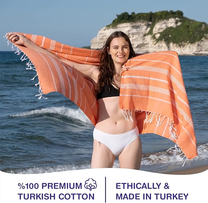 Turkish Beach Towels, Bulk Case of 24 | Oversized, Quick Dry, Sand Free | 100% Cotton, Large 38x71 Towels for Beach, Pool, Travel | Ultra-Soft, Compact, Absorbent | Orange