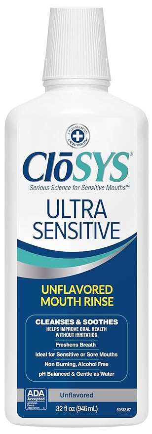 CloSYS Ultra Sensitive Mouthwash, Unflavored Alcohol Free, Dye Free, pH Balanced, Helps Soothe Entire Mouth – 32 Oz
