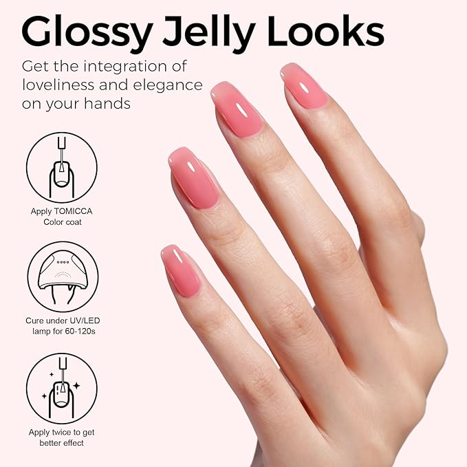 TOMICCA Gel Nail Polish, Strawberry Red Gel Polish, Light Red Jelly Nail Polish Quick Dry, Soak Off U V Translucent Gel Polish Colors Long Lasting Nail Art Manicure