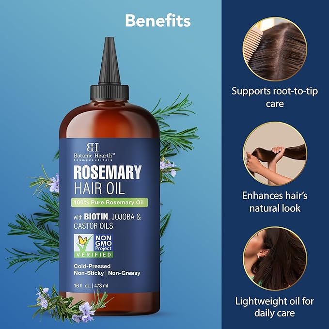 Botanic Hearth 100% Pure Rosemary Oil For Hair Growth | Infused with Biotin, Jojoba & Castor Oil | Hair Oil Repairs Dry Damaged Hair, Strengthening, Healthier - Hair Tonic, 16.0 fl oz
