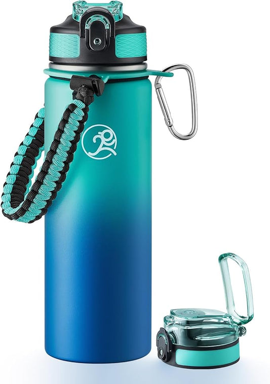 GOSWAG Insulated Sports Water Bottle, 24oz 2 Lids(with Straw/No Straw), Stainless Steel Water Bottles with Paracord Handle, Insulated Bottle with Double-Wall Vacuum Insulation