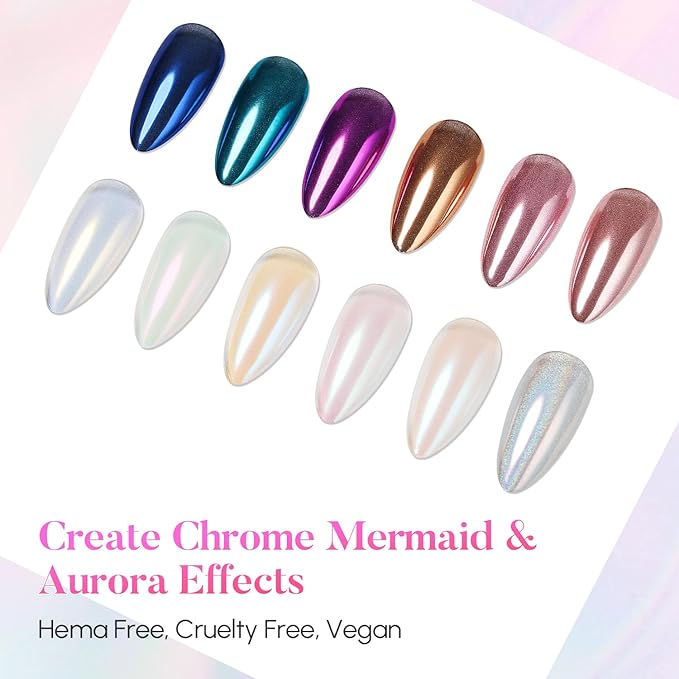 AIMEILI Pearl Nail Powder, Vegan, Cruelty Free, 12 Colors Chrome Aurora Metallic Holographic Mirror Effect Nail Art Pigment Iridescent Shell Glitter Nail Art