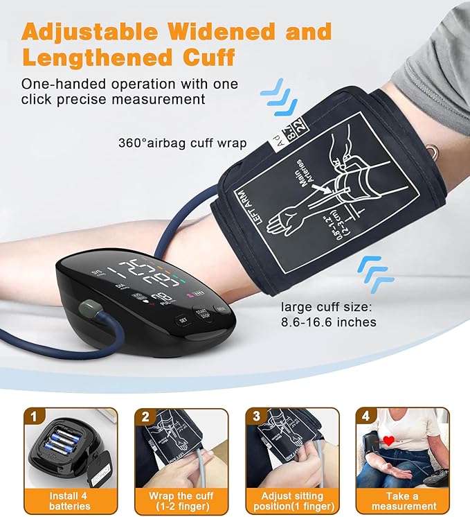 Upper Arm Blood Pressure Monitor for Home Use, FDA-Cleared, Electronic BP Machine with Dual User 240 Memory Sets, 4.7” Large LCD, Extended Cuff 8.66-16.54 in (22-42 cm), Dual Power USB/AAA Batteries