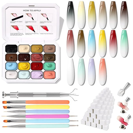 Sponges Pat Gel Nail Polish Palette, 16 Colors Blending Ombre Gel Polish Set Patting Gradient Painting Nails Art, No Wipe, UV/LED Cured, 100Sponges 6Brushes 1Grabber Tools Kit (Set 01)