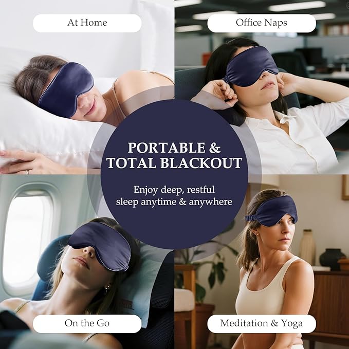 100% Pure Mulberry Silk Sleep Mask, 3D Contoured Cup Eye Mask for Sleeping, 22 Momme Super Soft Breathable Blindfold, Adjustable Blackout Travel Silk Eye Cover Blue