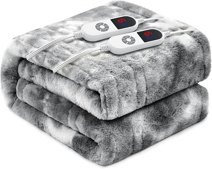 Electric Heated Blanket 90"x100",Luxury Grey Faux Fur Electric King Blanket,Fast Heating Soft Fluffy Thick Electric Blanket with 6 Heating Levels & 12H Auto Off