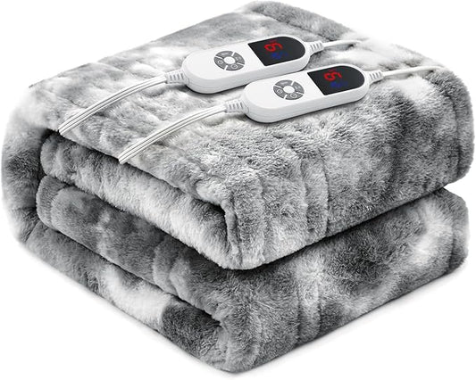 Electric Heated Blanket 90"x100",Luxury Grey Faux Fur Electric King Blanket,Fast Heating Soft Fluffy Thick Electric Blanket with 6 Heating Levels & 12H Auto Off