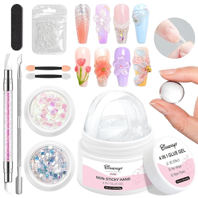 Builder Gel for Nails BISHENGYF: 4-in-1 White 3D Gel Art Non-sticky for Extension Sculpting Building Hard with Nail Art Glitter for Nails UV/LED Lamp Required