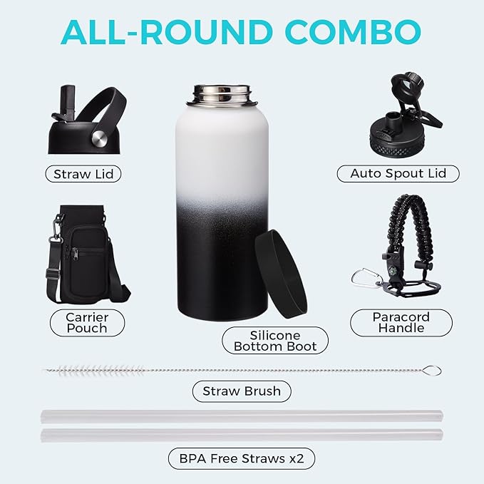 Metal Water Bottle 32 oz - Insulated Water Bottles Keep Cold 48H Hot 24H, Large Waterbottle with Strap, Straw & Spout Lid, Protective Boot, Wide Mouth Stainless Steel Thermo Jug Flask Sport Office