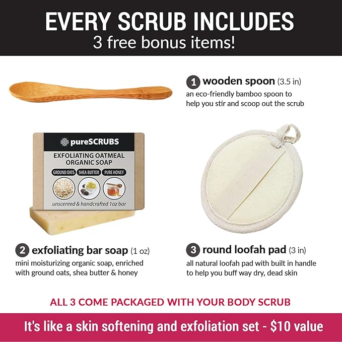 pureSCRUBS Premium Coconut Brown Sugar Scrub | Face, Feet & Full Body Scrub | Large 16oz Jar Includes Wooden Spoon, Loofah & Mini Exfoliating Bar Soap