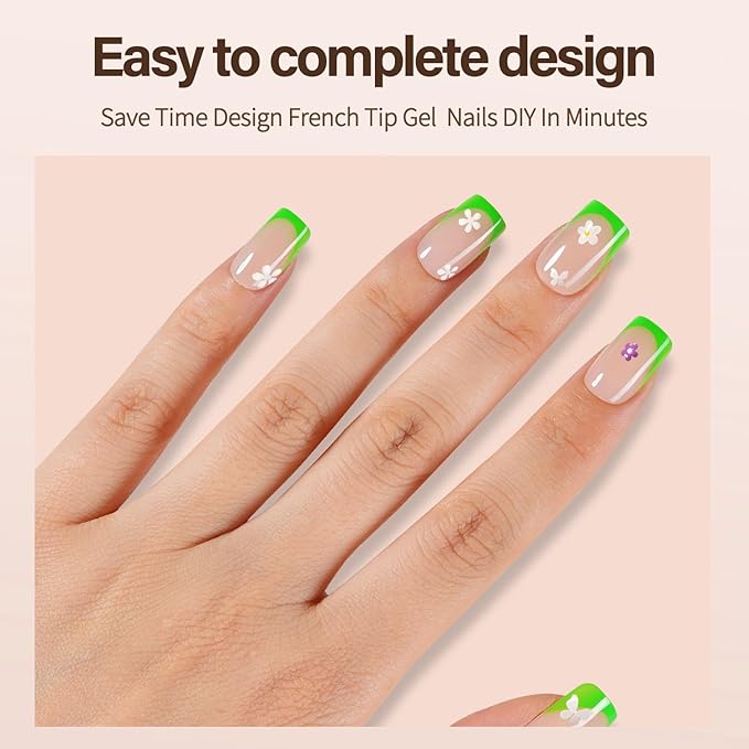 150Pcs French Gel Nail Tips, Vansiho Short Square Nail Tips, Green Pre-French Tips Press on Nails, Soak Off Soft Gel Acrylic Fake Nails for Nail Art DIY 15 Sizes
