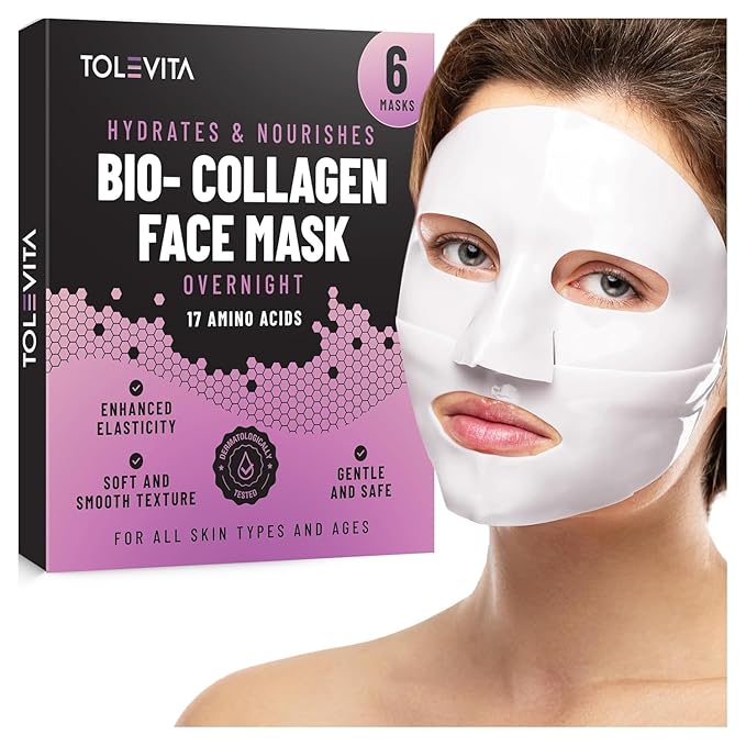 Bio-Collagen Overnight Face Mask - Hydrating & Nourishing Sheet Mask with 17 Amino Acids, Improves Elasticity & Moisturizes, Softens Skin, Suitable for All Skin Types, 6 Pack