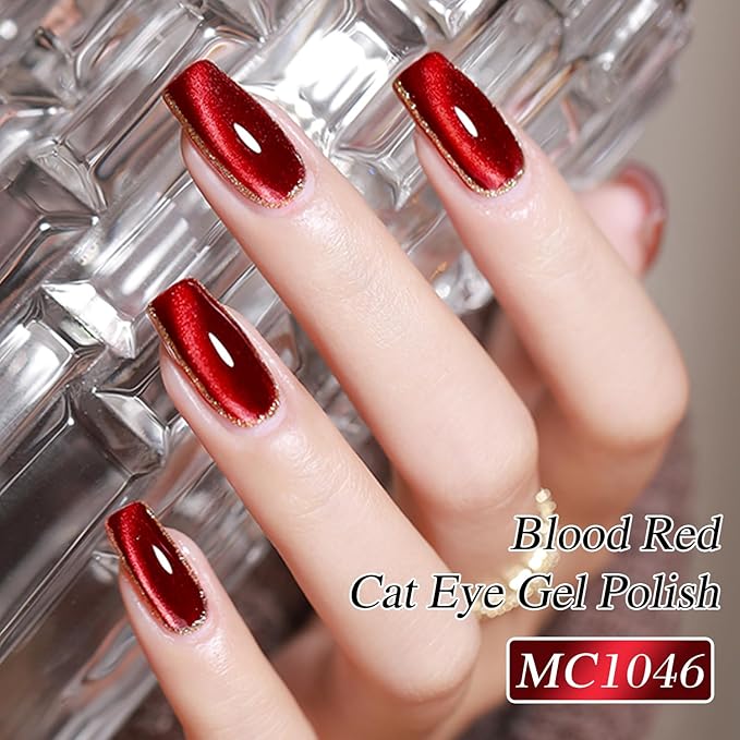 Double Rhythm 0.5 OZ Cat Eye Gel Polish with Magnet 15ML Holographic Glitter Shimmer Translucent Jelly Color Magnetic Nail Polish Salon DIY at Home (Blood Red-MC1046)