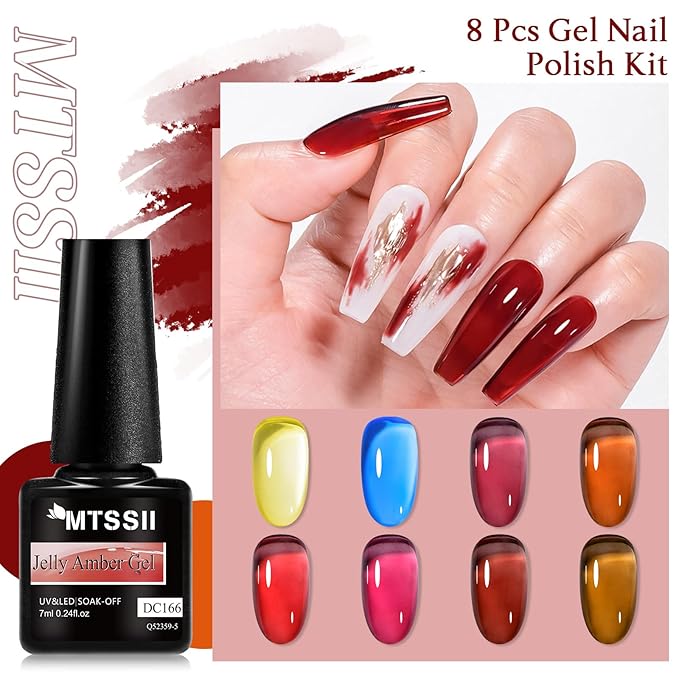 MTSSII Jelly Gel Nail Polish of 8 Transparent Burgundy Wine Red Gel Polish Set Crystal Hot Pink Brown Amber Nail Polish Kit Nail Art Varnish Manicure Collection Gift
