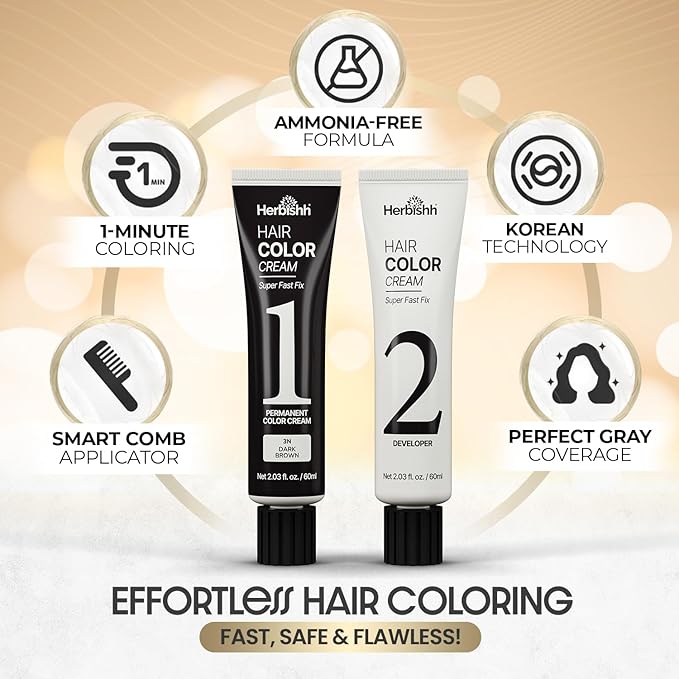 Herbishh Rapid Infusion Hair Color Cream – 3N Dark Brown Hair Dye Permanent One Minute with Comb Applicator, Hair Color for Gray Hair Coverage, Ammonia-Free, Patented Korean Technology, 2.03 fl. Oz