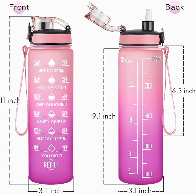 Enerbone Water Bottle, Leakproof BPA & Toxic Free, Motivational Water Bottle with Times to Drink and Straw, Fitness Sports Water Bottle with Strap for Office, Gym, Outdoor Sports