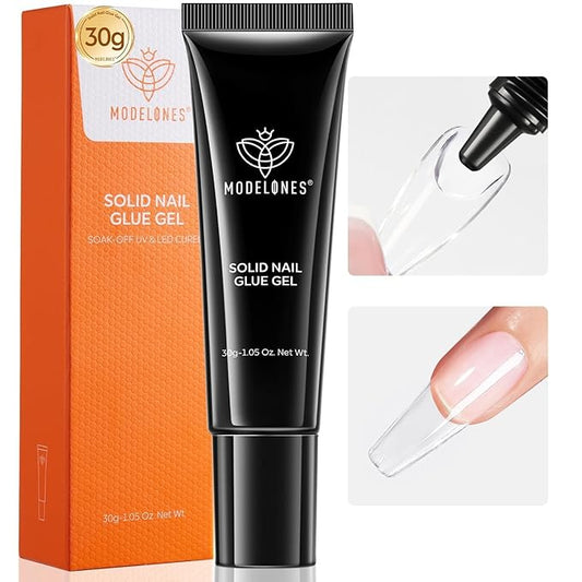 modelones Solid Nail Glue Gel, 30g Glue Gel on Nails for Clear Tips Super Strong Adhesive for Acrylic Extensions Press On Fake Tips U V Curing Needed Professional Adhesive