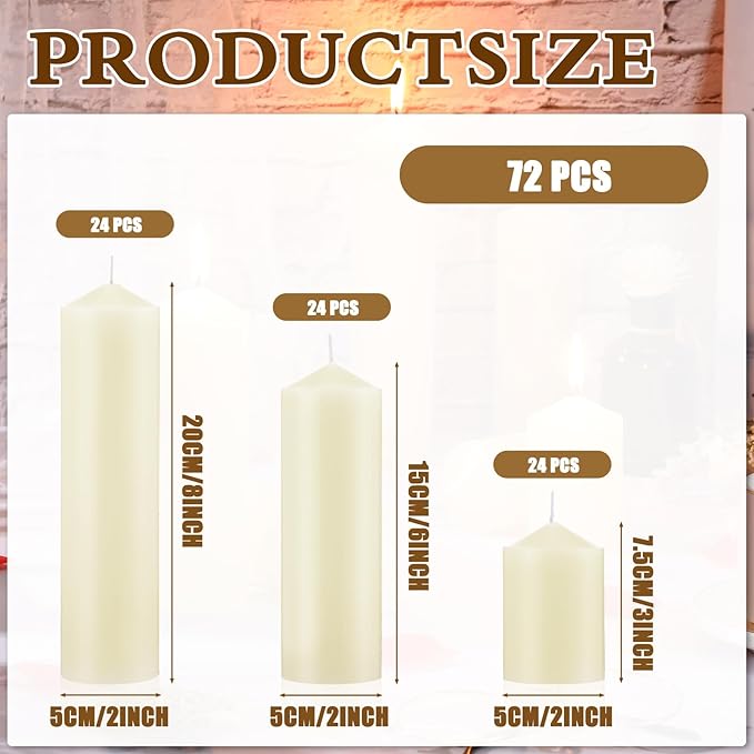 MTLEE Set of 72 Ivory Pillar Candles 2 x 3, 2 x 6, 2 x 8 Inch Smokeless and Dripless Unscented Large Candles Long Clean Burning Rustic Pillar Candle for Wedding Dinner Home Decor