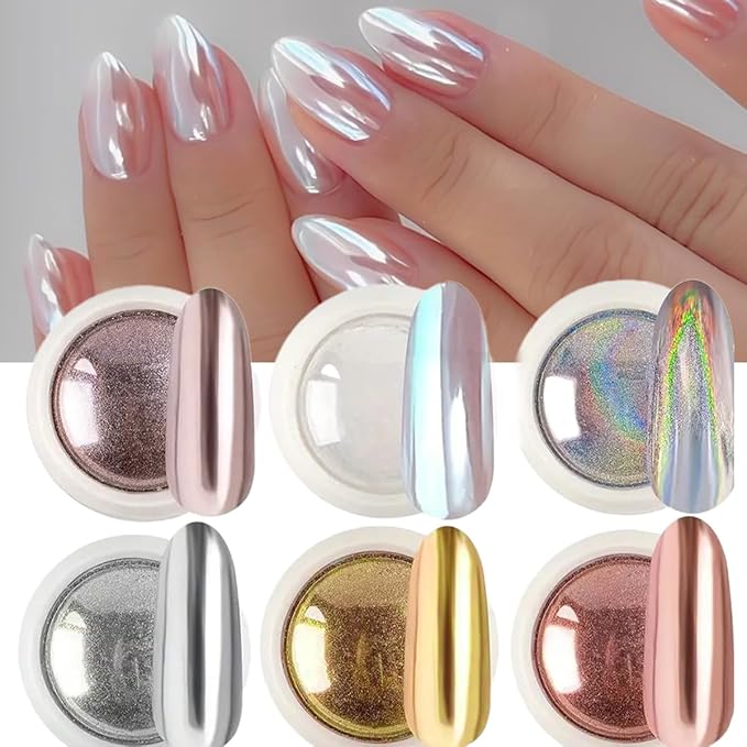 Chrome Nail Powder Set, 6 Colors Metallic Gold Silver Rose Pink White Mirror Nail Powder, Holographic Aurora Nail Glitter Pigment Nail Decoration