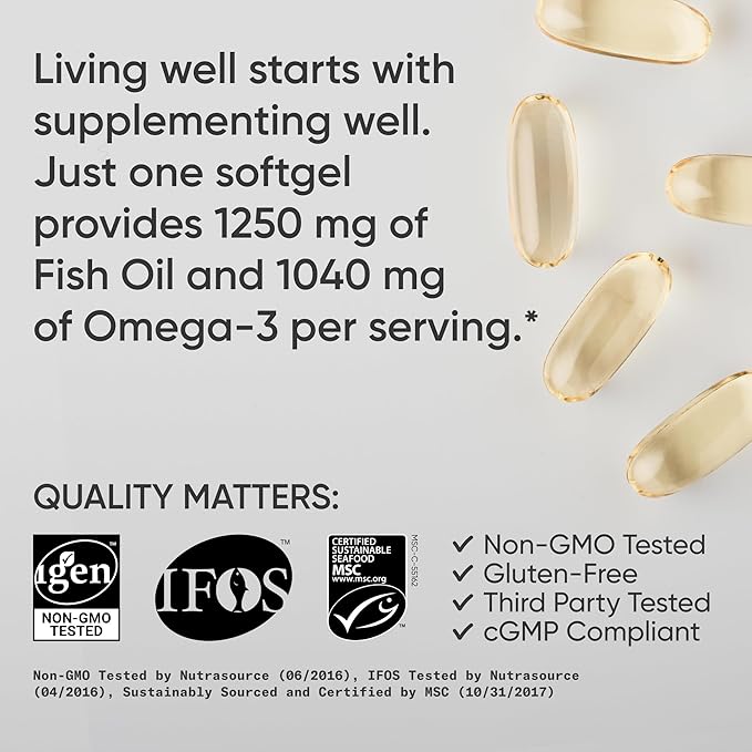 Sports Research® Omega-3 Fish Oil 1250 - Triple Strength Fish Oil Supplement from Wild Alaska Pollock - MSC Certified Sustainable · Non-GMO · Soy Free - 30 Softgel Capsules