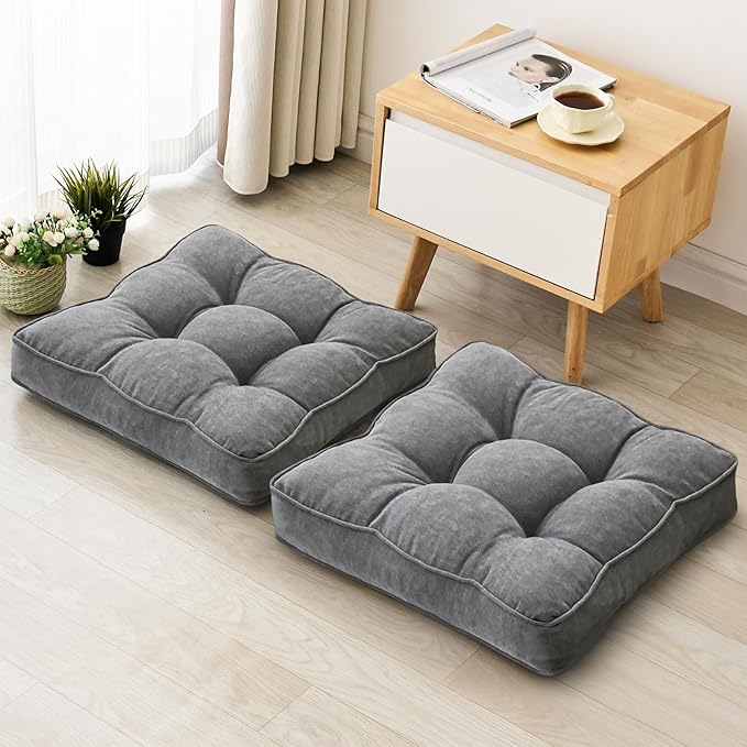 Floor Pillow Set of 2, Memory Foam Floor Cushions for Adults, Large Square Meditation Pillow for Sitting, 22 x 22 Inches (Square | Grey)