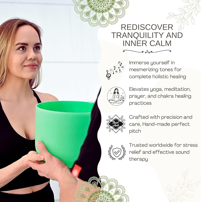 9 inch Green F Note Heart Chakra Quartz Crystal Singing Bowl, for Healing Mindfulness Meditation Yoga Sound Baths, with Rubber Mallet O-ring