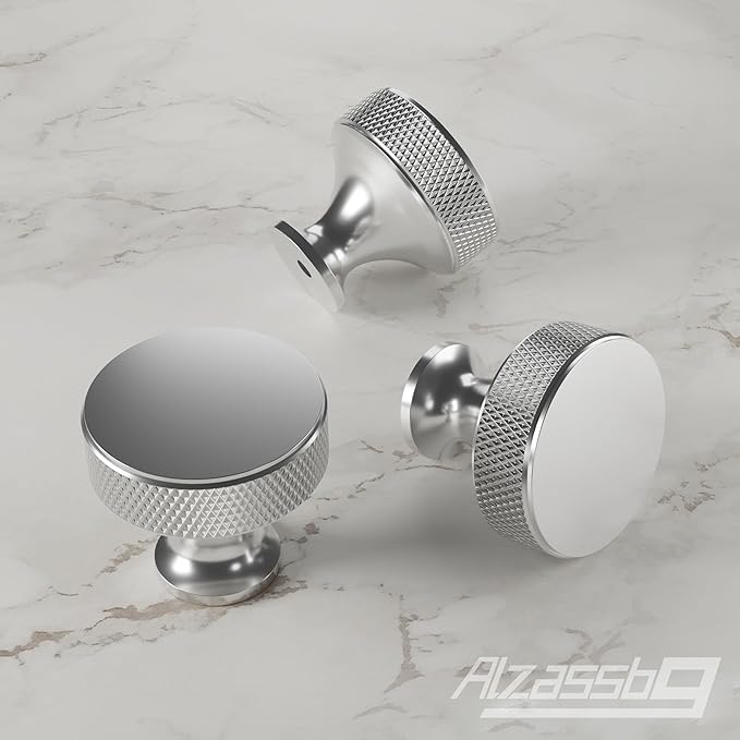 Alzassbg 6 Pack Polished Chrome Cabinet Knobs, 1.2 Inch(30.5mm) Diameter Knurled Round Cabinet Knobs of Metal Kitchen Handles Hardware for Carbinet and Drawer AL6067CP