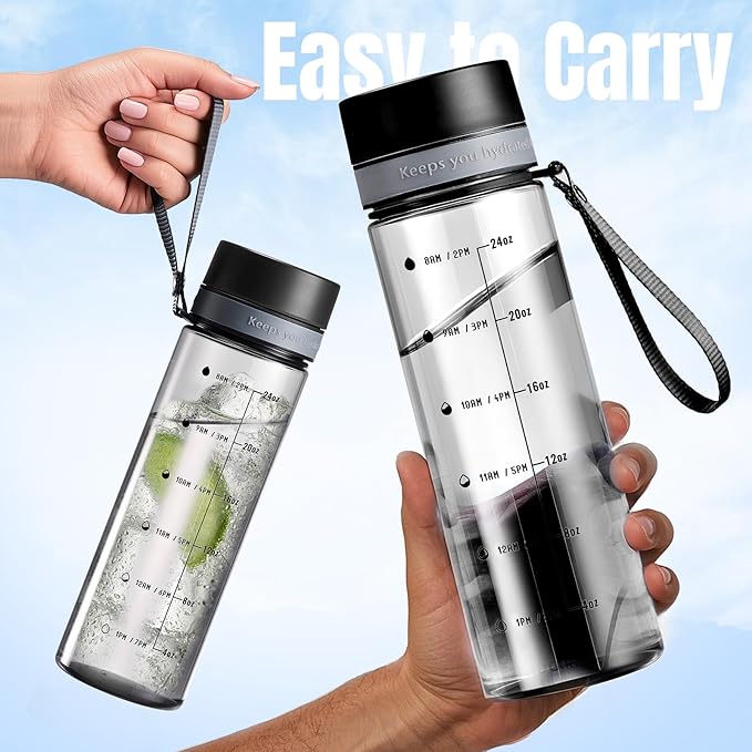 Plastic Water Bottles, 28oz Clear Water Bottle with Measurements, Wide Mouth Water Bottle with Strap, Gym Water Bottles for Men (Grey)