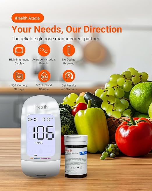 iHealth Acacia Blood Glucose Monitor Kit, 100 Glucometer Strips, 100 Lancets, 1 Blood Sugar Monitor, 1 Lancing Device, 1 Travel Bag, No Coding, Portable Blood Sugar Testing Kit, Diabetes Testing